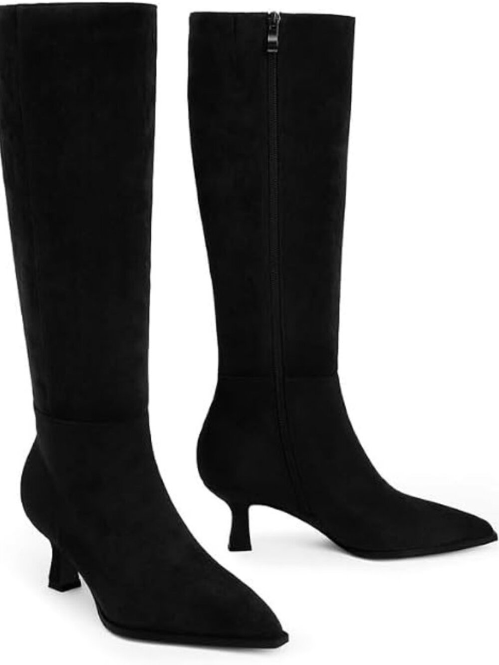 Women's Black Suede Knee High Boots Kitten Heels Pointed Toe Tall Boots Low Heel